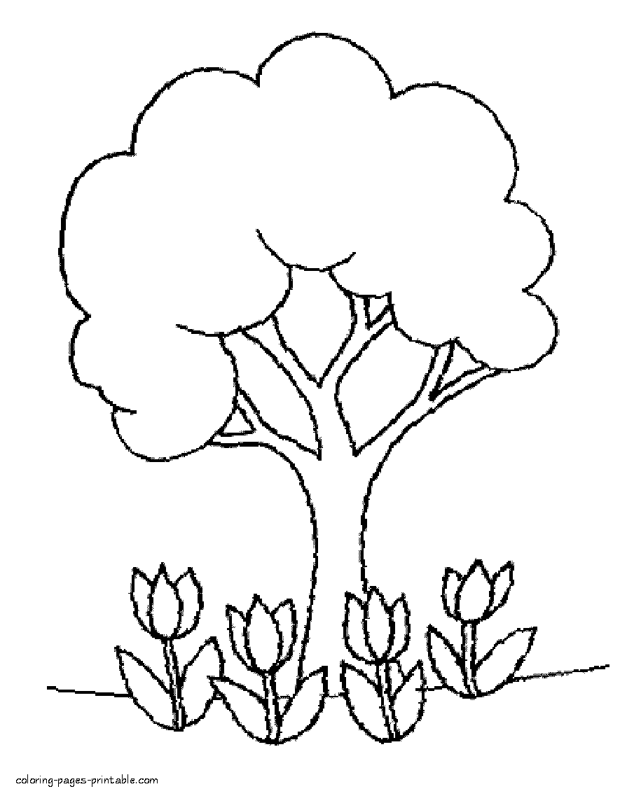 Tulips and tree coloring page spring themed