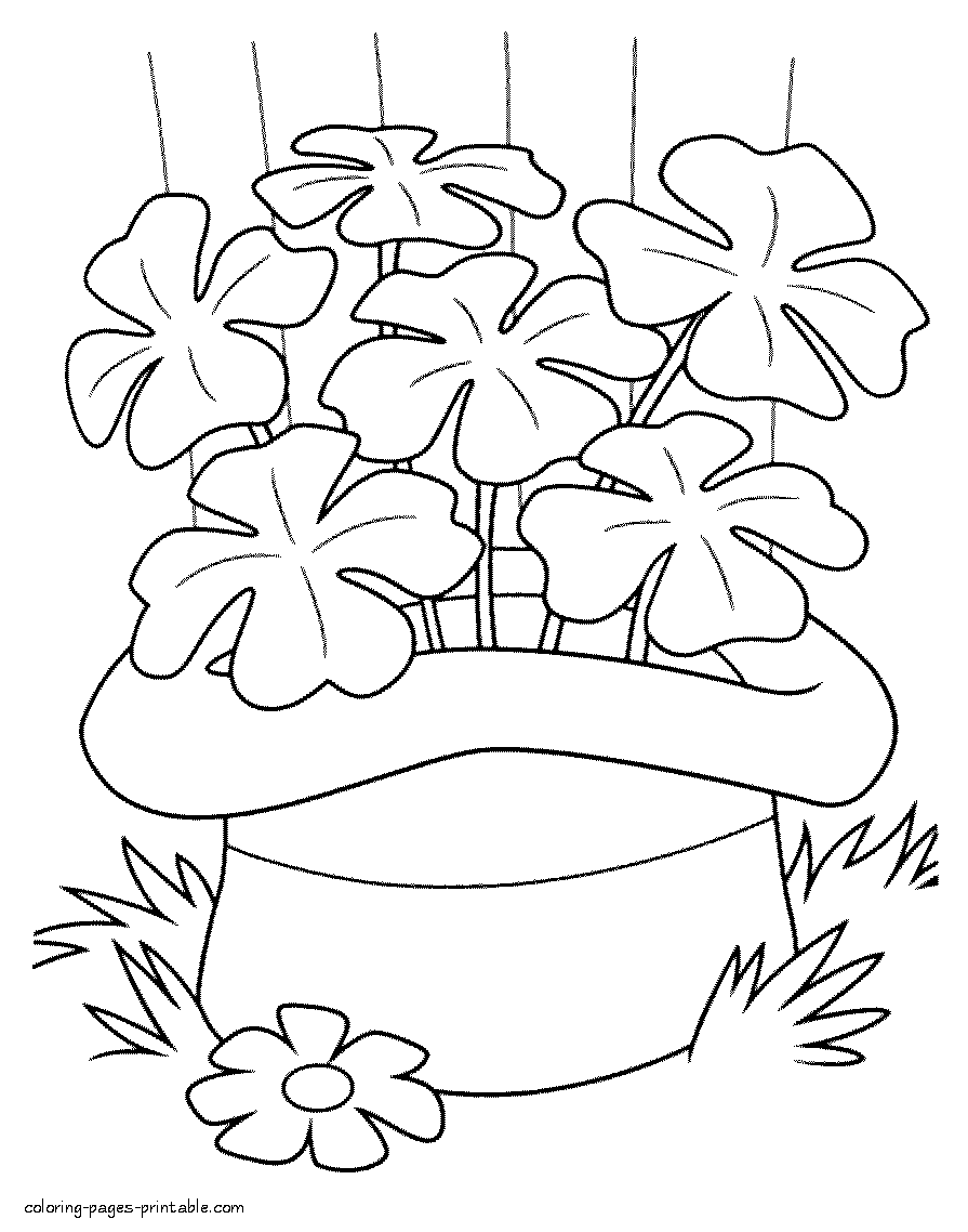 Shamrock in a hat coloring page. Spring holiday St. Patrick
