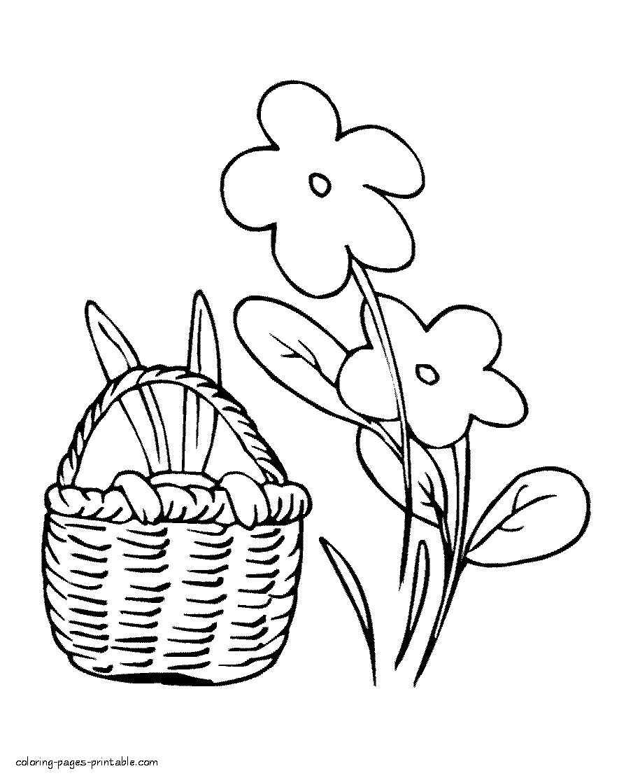 Spring coloring pages for kids printable. Basket and bunny