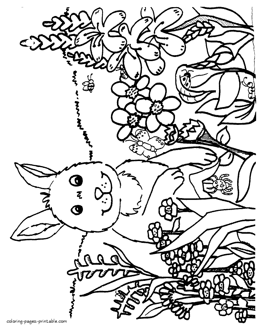 Spring printable coloring pages. Bunny among the flowers