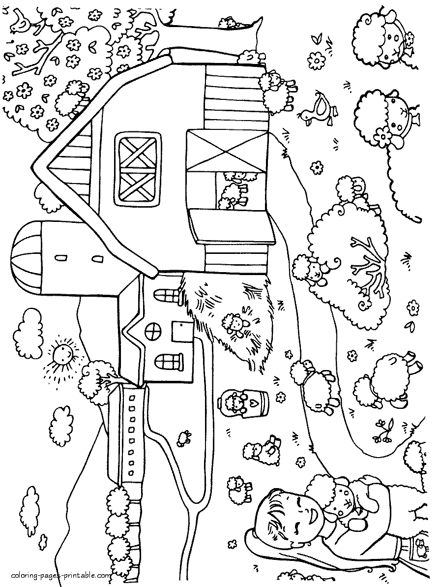 Farm animal coloring page. Lambs in spring || COLORING-PAGES-PRINTABLE.COM