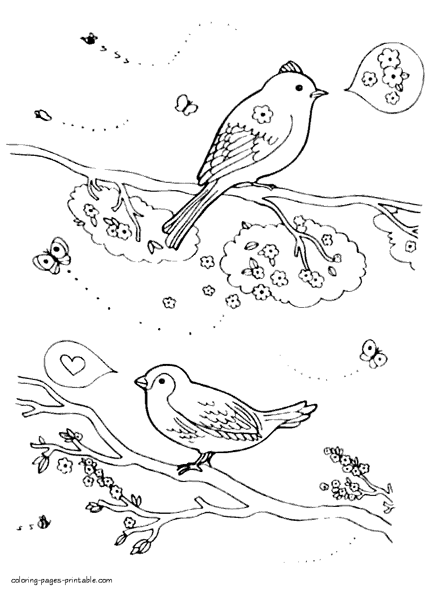 Birds in spring. Coloring page for kids
