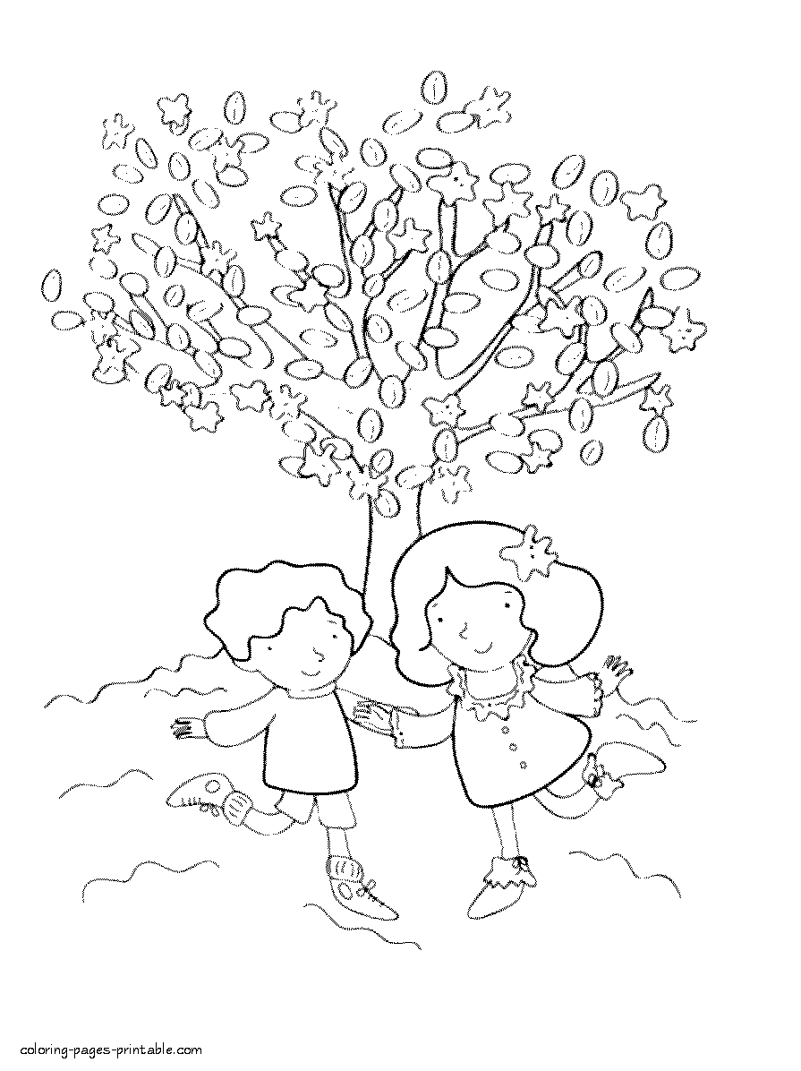 Spring blossom tree and children coloring page