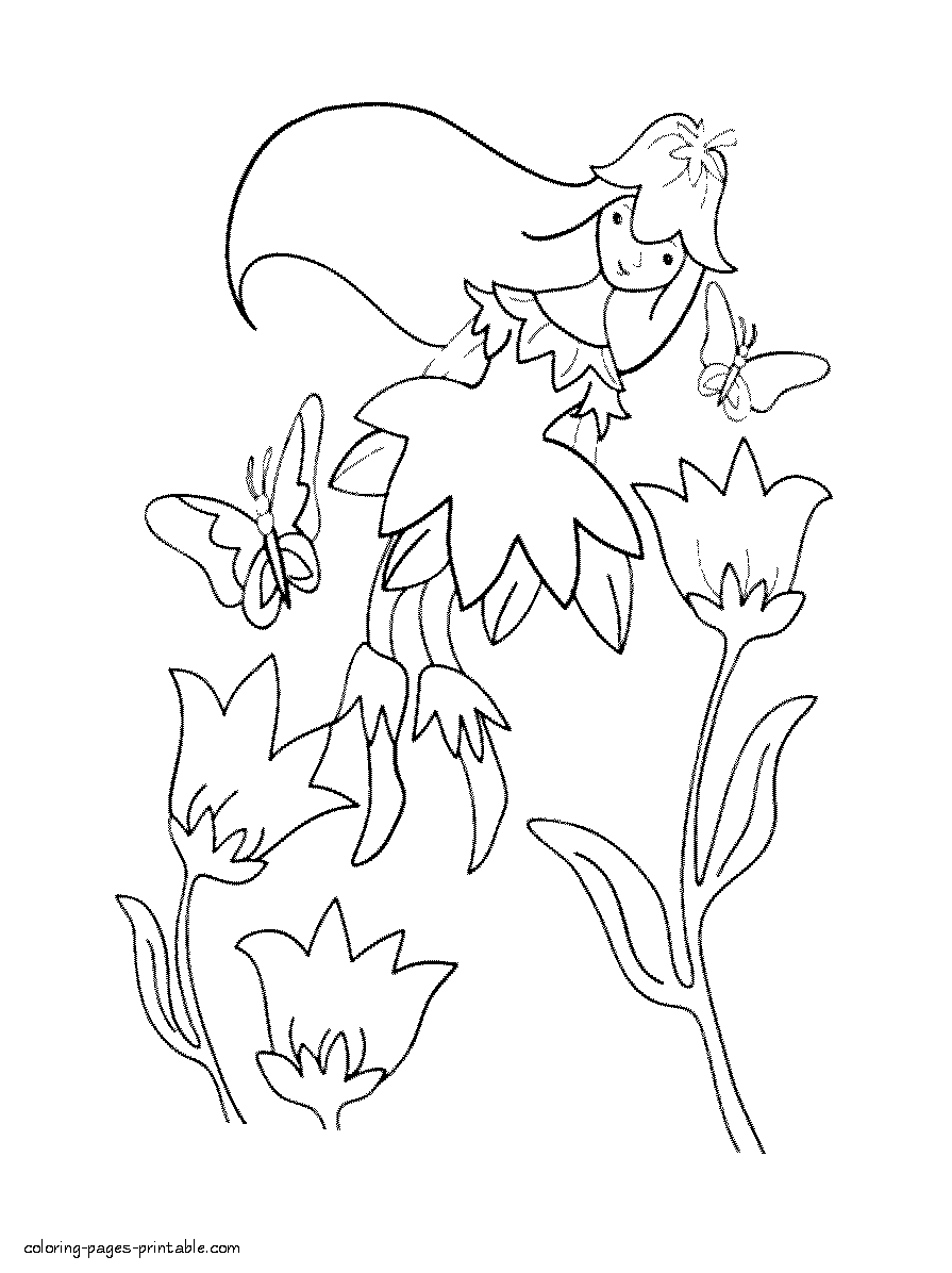 Coloring pages for girls. Spring fairy and flowers