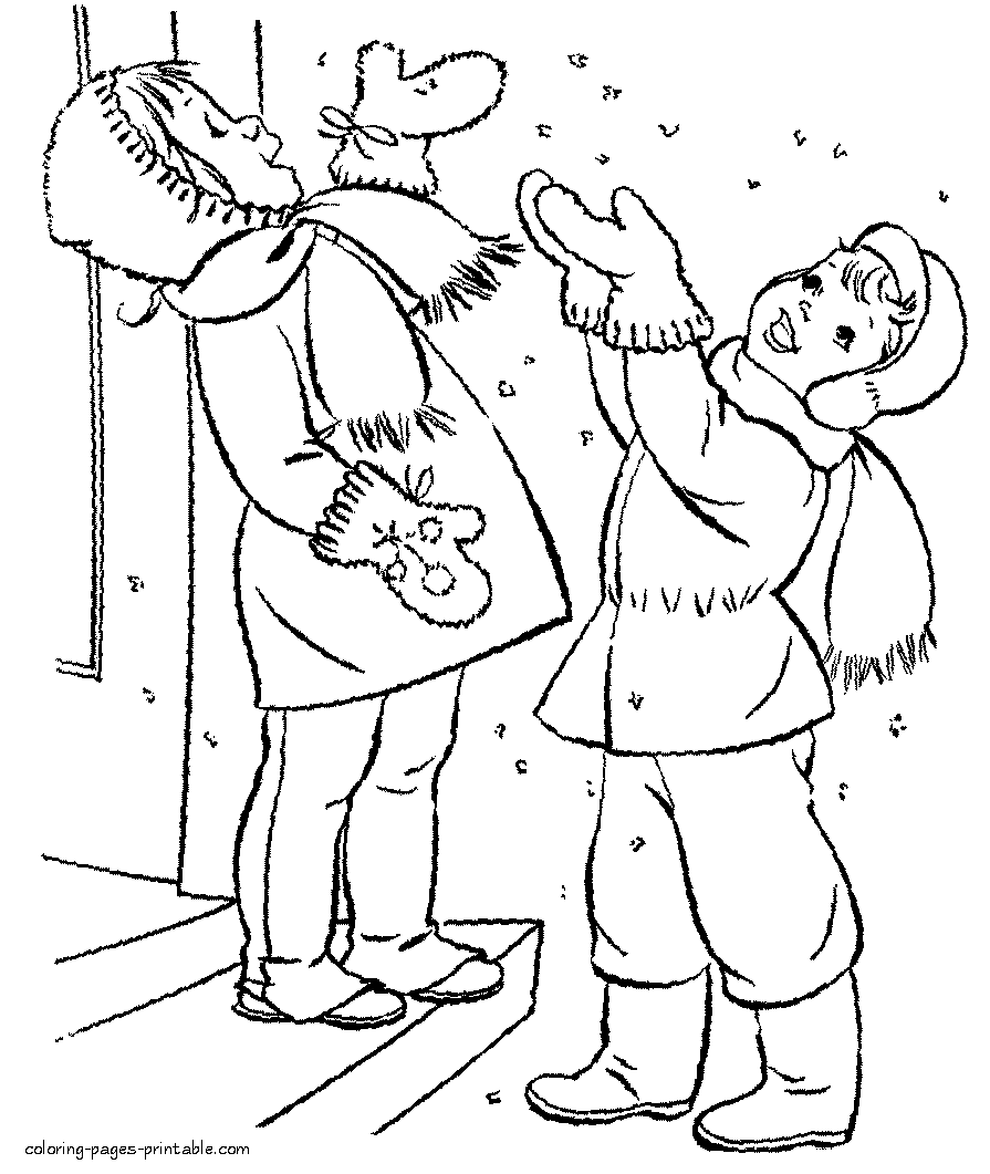 First snow. Coloring page of winter