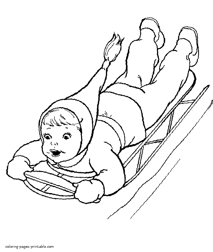 Winter coloring pages for kids. Sledding