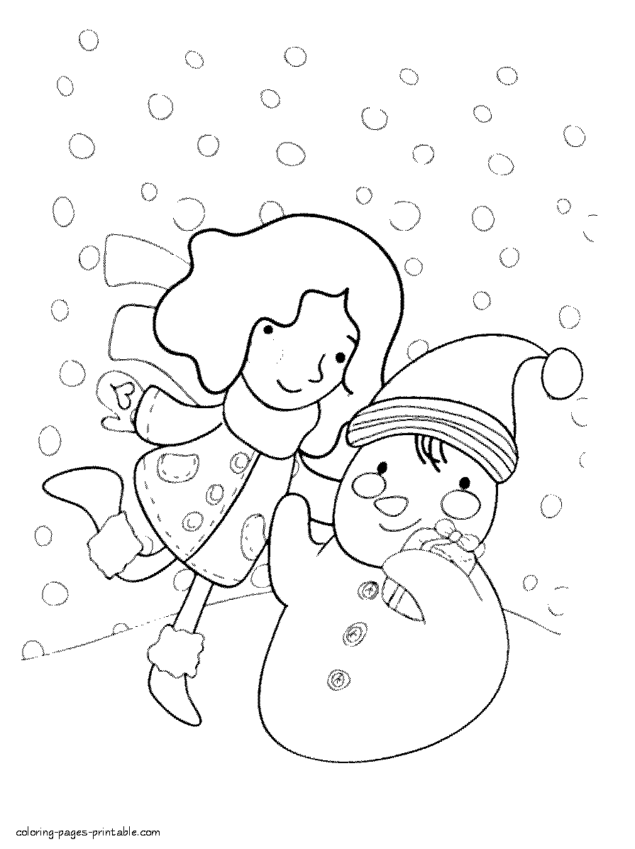 Girl and snowman. Winter coloring page for child