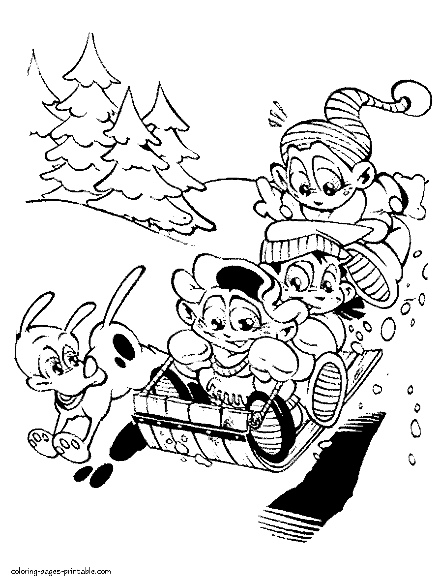 Winter scene coloring pages. Sledding