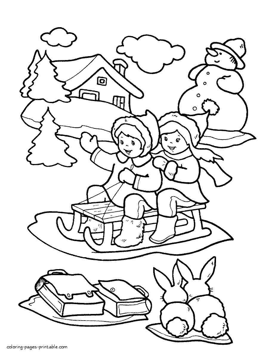 Winter coloring pages for kids printable. Children in sledge
