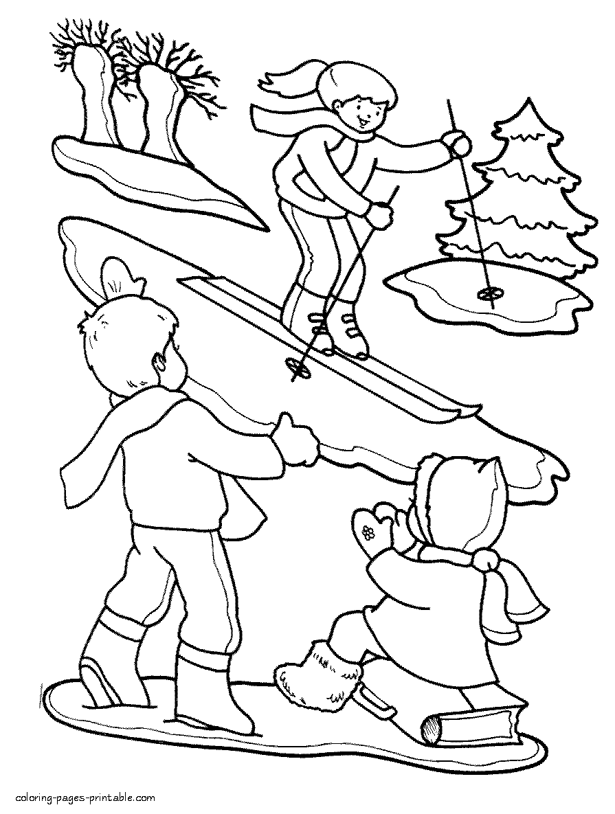 Skiing. Coloring pages of winter fun