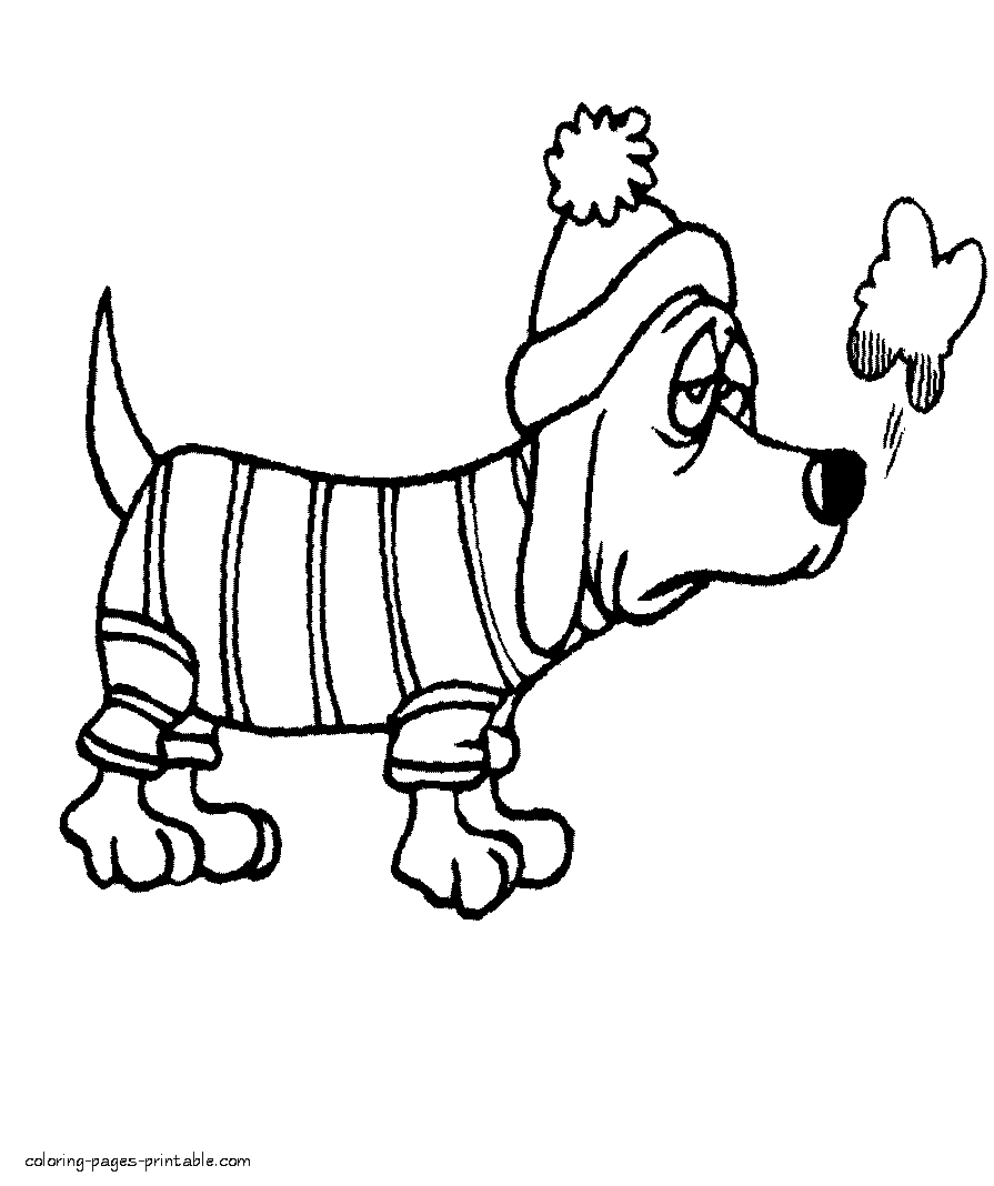Even the dogs are dressed in winter. Coloring pages for kids