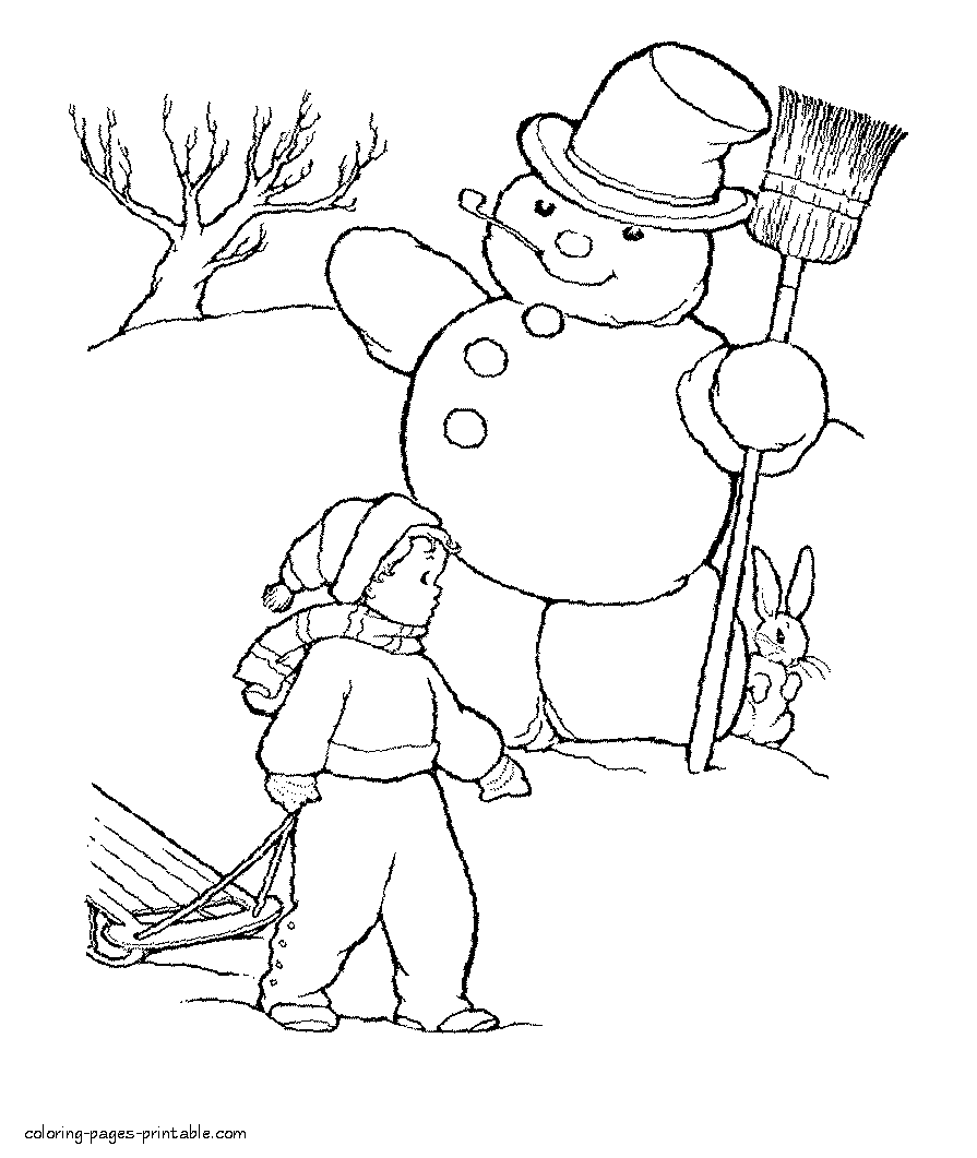Winter coloring pages. Boy with a sledge and snowman