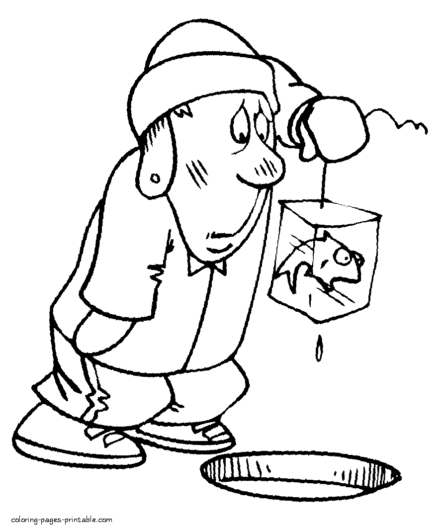 Winter fisherman. Funny coloring page