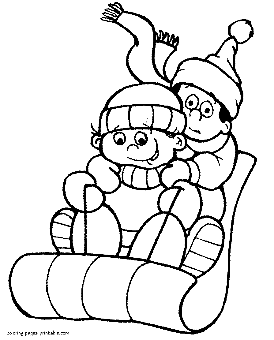Winter themed coloring pages. Kids are sledging