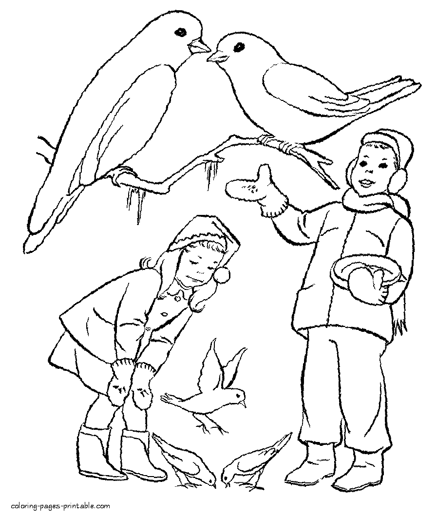 Children feeding the birds in winter. Free coloring pages
