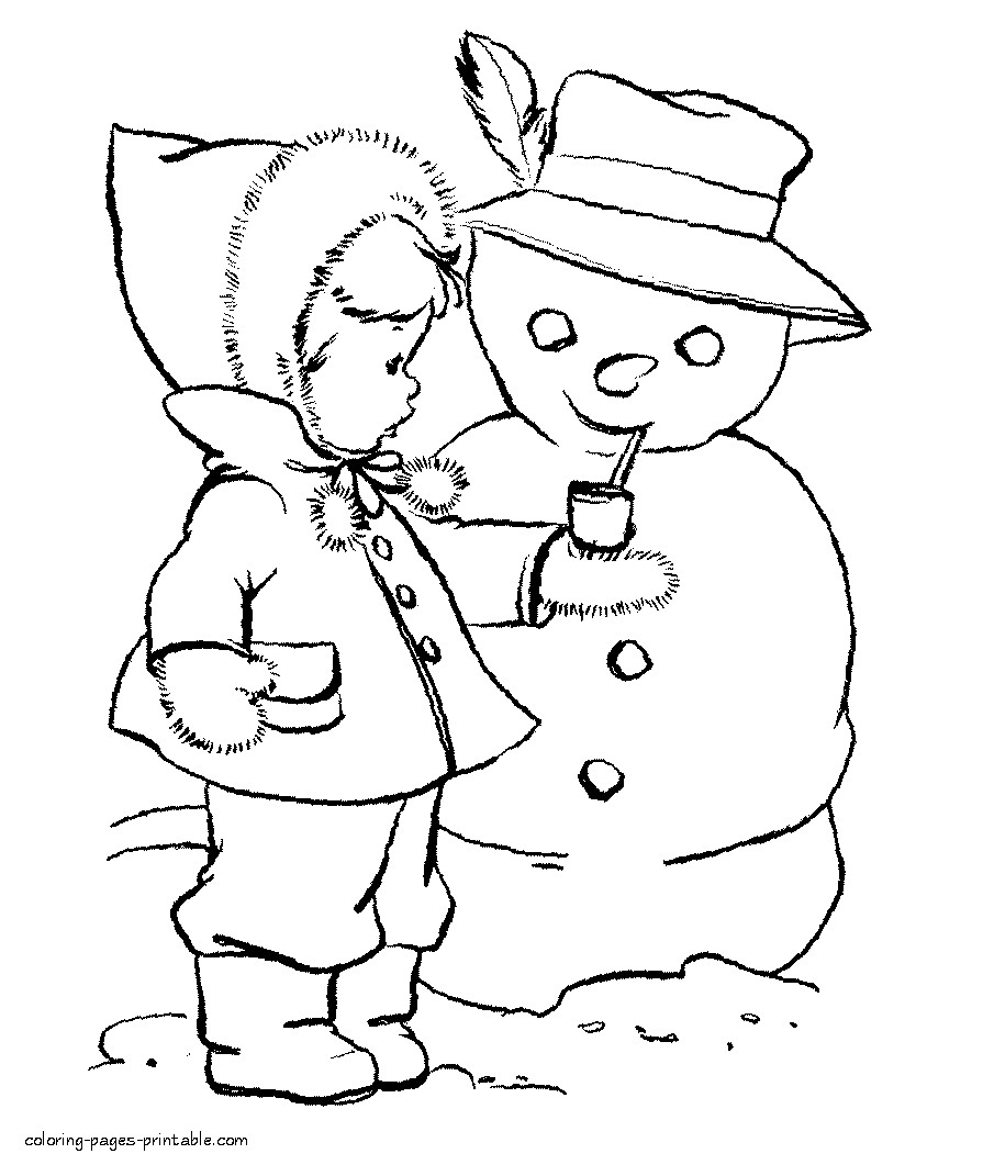 Free winter coloring pages for kids. Girl and snowman