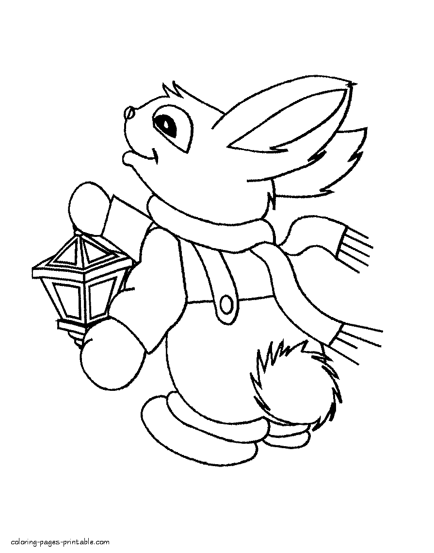 Winter rabbit with a lantern coloring page