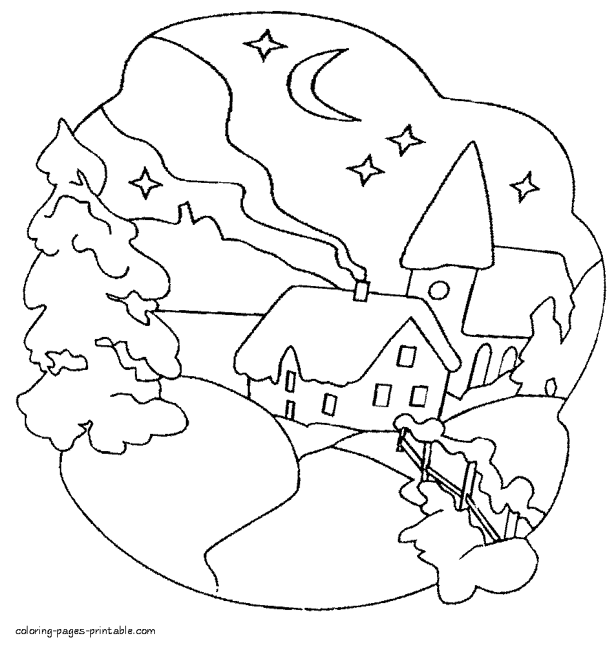 Winter coloring book pages. Trees and houses