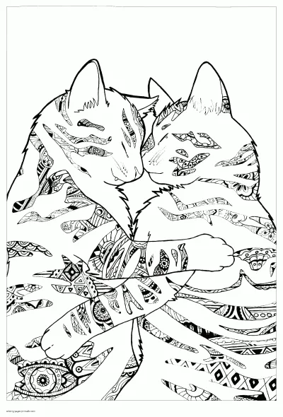 Cats Pair. Free Animal Adult Coloring Pages 