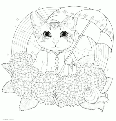 Animal Coloring Pages For Adults To Print. Cat And Flowers