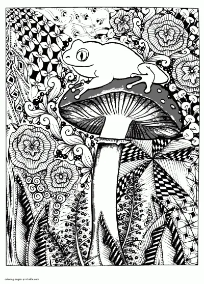 Animal Design Coloring Pages For Adults. Frog On Mushroom