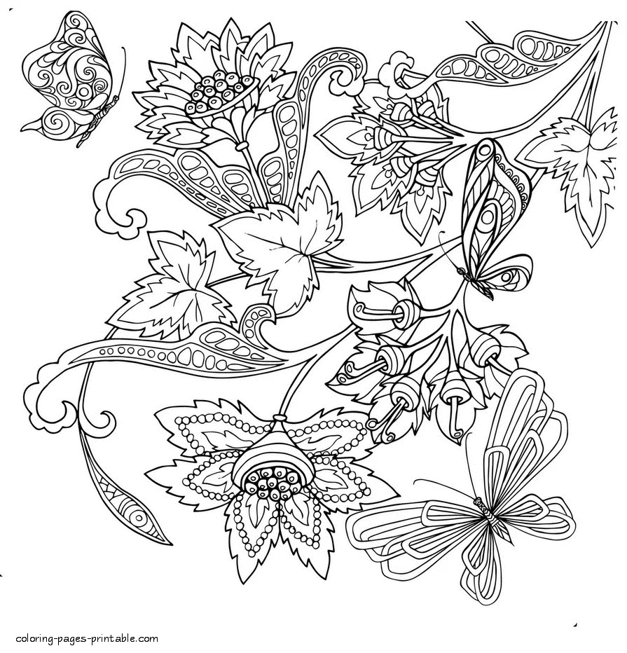 Coloring Pages For Adults. Butterflies Coloring Pages For Adults. Butterflies And Exotic Flowers