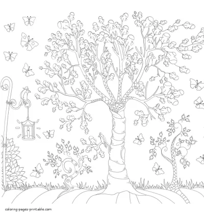 Trees And Butterflies. Printable Adult Colouring Pages