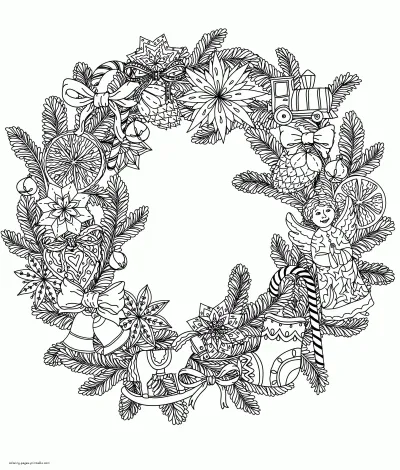Christmas Wreaths Coloring Pages Created For Adults. With angels, bells and toys