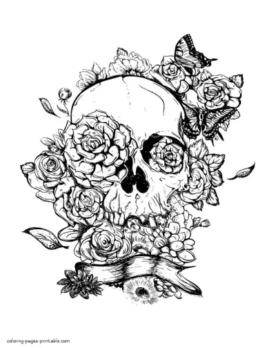 Skulls With Flowers Coloring Pages For Adults