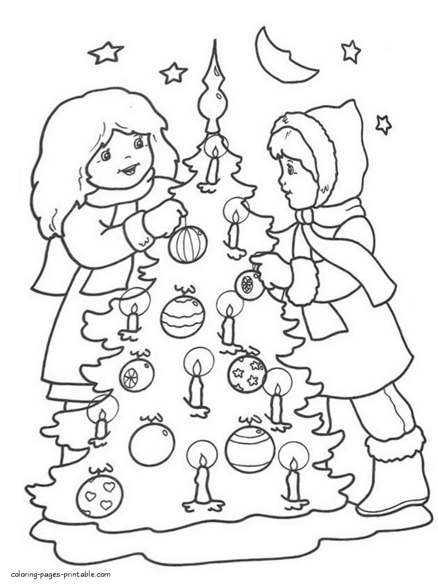 Coloring page. Сhildren decorate the Christmas tree Сhildren decorate the Christmas tree