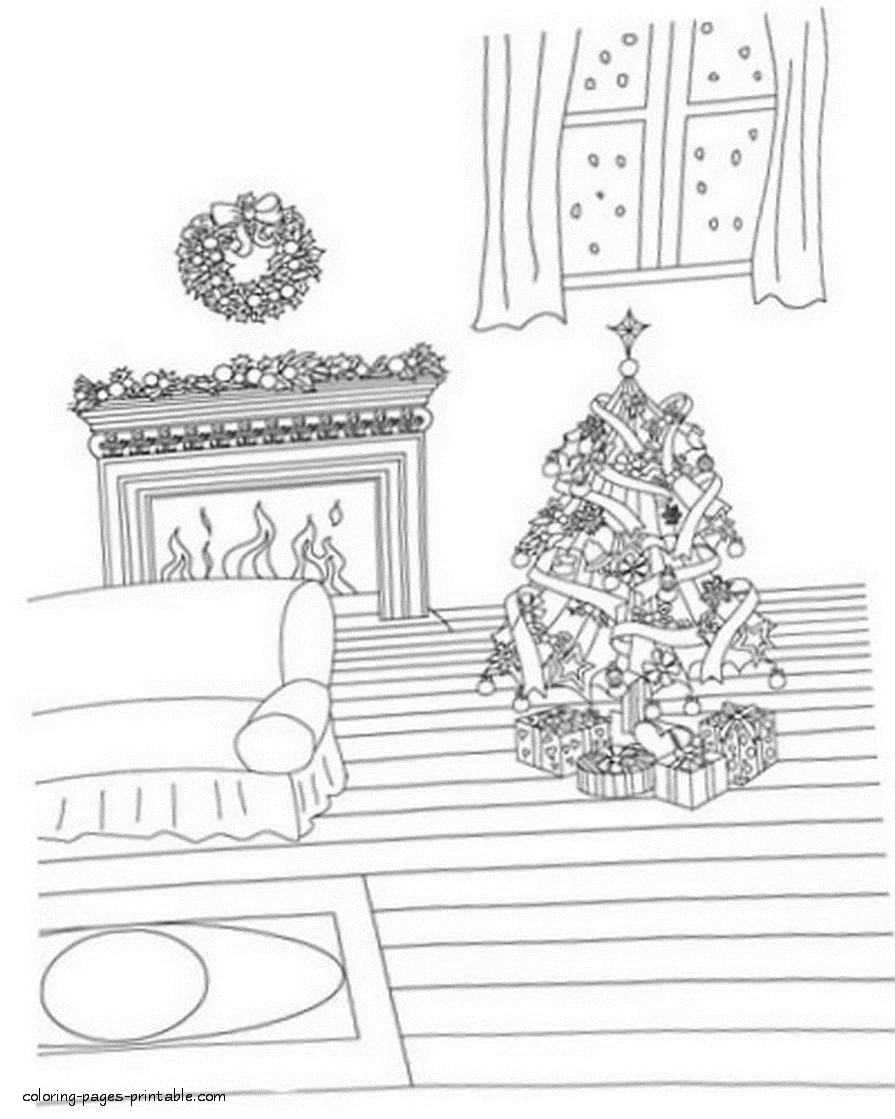 Christmas tree coloring page Christmas tree in the room coloring page