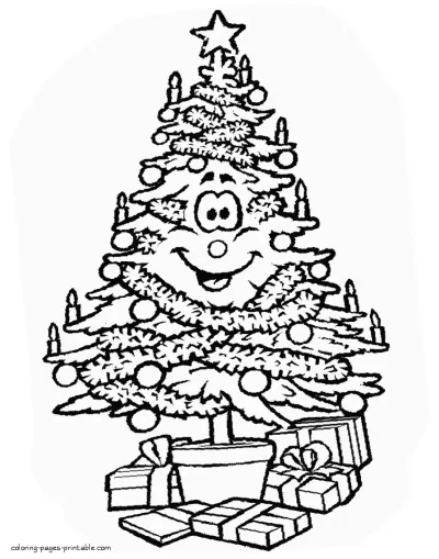 Smiling Christmas tree coloring pages for kids
