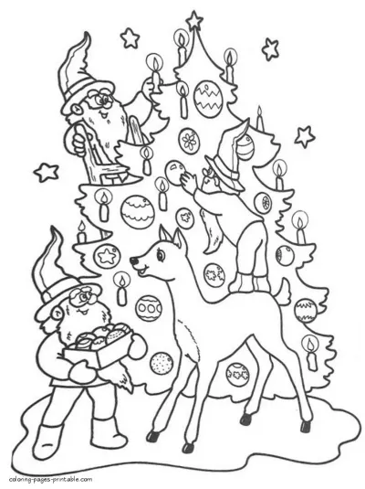 Christmas tree and elves coloring pages for kids