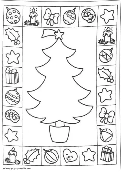 Christmas tree and ornaments coloring pages for free downloading