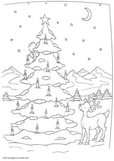 Coloring page Christmas tree and reindeer