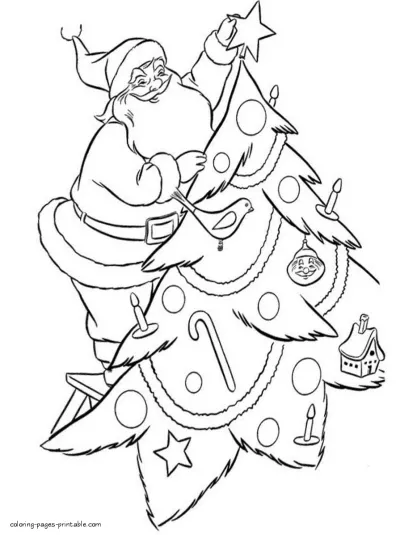 Santa Claus decorate Christmas tree. Coloring pages for free