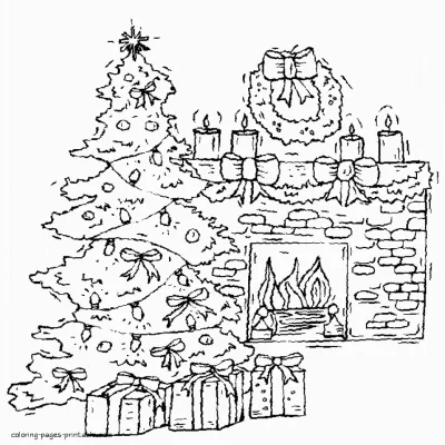Christmas tree and fireplace. Kids printable coloring page