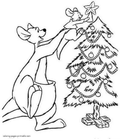 Disney characters coloring pages. Christmas tree and kangaroo