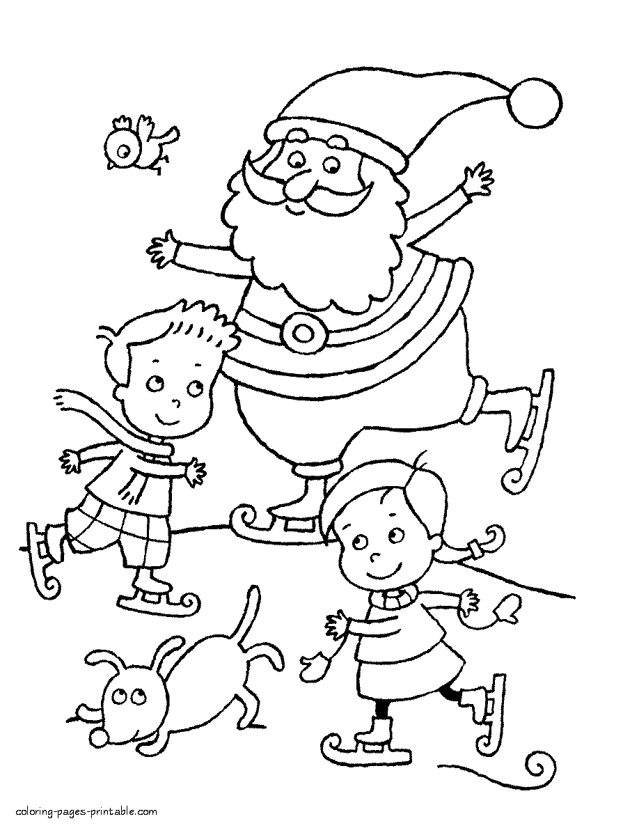 Children and Santa are skating Children and Santa are skating. Winter games coloring page