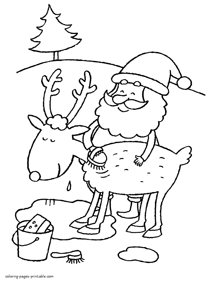 Coloring pages for Christmas Coloring pages for Christmas. Santa washing his reindeer