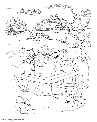 Coloring page sleigh with Christmas gifts for kids