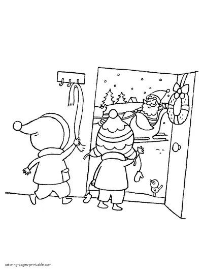 Сhildren meet Santa Claus. Xmas coloring pages