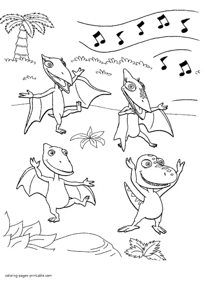 Dinosaurs are dancing. Coloring page