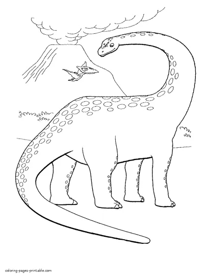 The big dinosaur and the volcano coloring sheet for a child