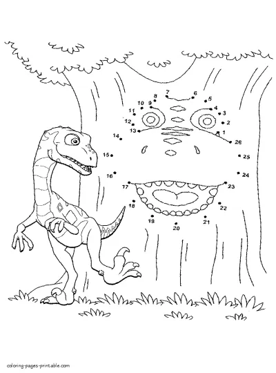 Dot by dot coloring pages. Tree and dinosaur