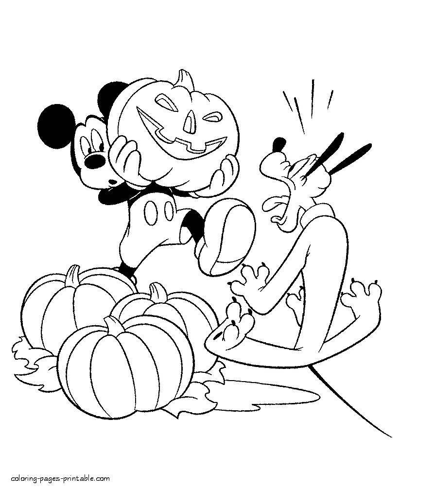 Mickey and Pluto with Halloween pumpkins Mickey and Pluto with Halloween pumpkins. Disney colouring