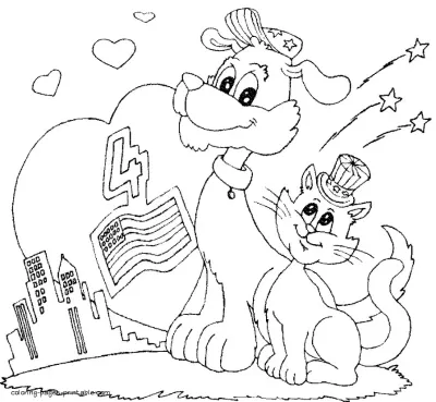 Independence day coloring page with the dog and the cat to print