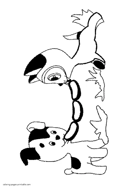 Puppy and kitten share sausages. Coloring page