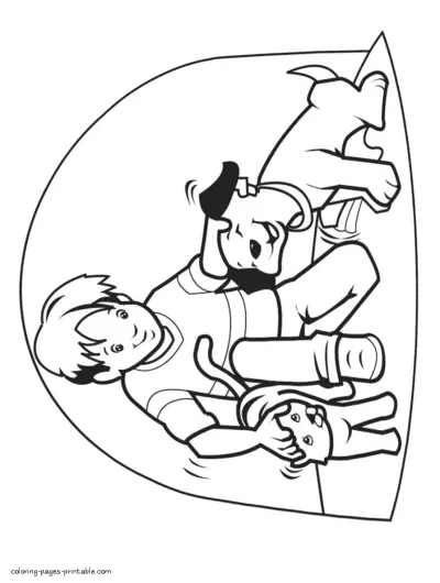 A boy with two pets coloring page. Dog and cat