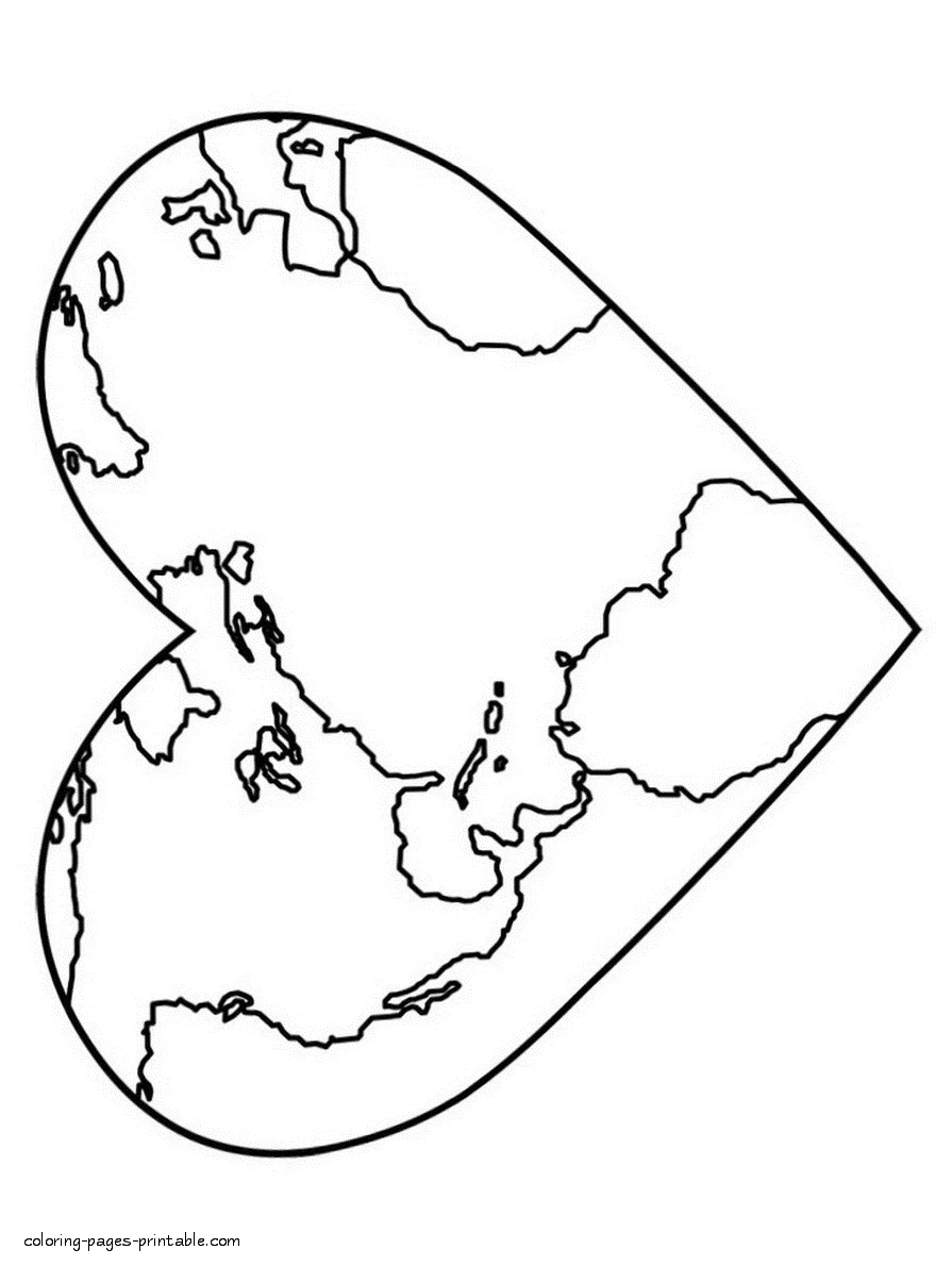 World map in the form of heart World map in the form of heart colouring page
